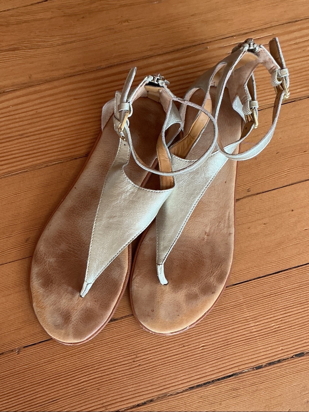 Franco Sarto Light Gold Leather T-Strap Sandals with Zipper